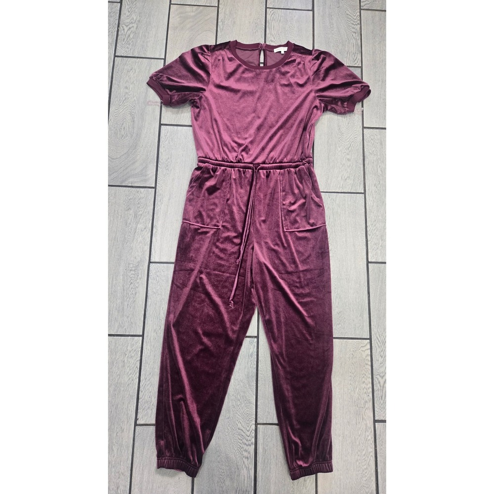 Madison + Hudson Burgundy Velvet Jumpsuit XL Short Sleeve Jogger Velour Wine